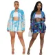 Printed two-piece women's top with a lapel long sleeved shirt paired with a sexy slim fit and hip wrapped short skirt