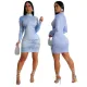 Long sleeved buttocks wrapped A-line dress for women, fashionable printed bubble bead dress for women
