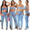 Washed elastic denim personalized split zipper three-dimensional pocket wrapped chest sexy set
