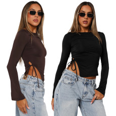 Long sleeved T-shirt Spring and Autumn Solid Color Slim Fit Round Neck Pullover T-shirt Women's Street Wear Bottom Top