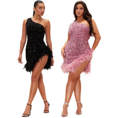 Fashionable diagonal shoulder sequin feather dress with open buttocks