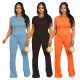 Round neck short micro flared pants slim fit wave pattern casual two-piece set