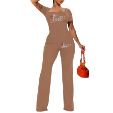 LOVE Hot Diamond Short Sleeve Pit Strip Casual Two Piece Set