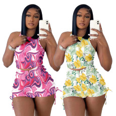 Summer Hot Selling Tank Top Sports Leisure Pleated Print Two Piece Set