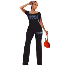 Hot Diamond Short Sleeve Pit Strip Casual Two Piece Set