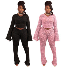 Round necked long sleeved flared pants with hollowed out nightclub sexy two-piece set