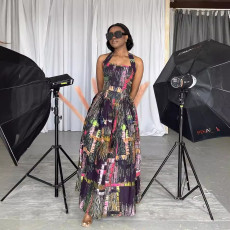 Printed hanging neck and waist cinched loose large skirt hem dress