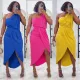 Solid color pleated strapless slim fit slit dress