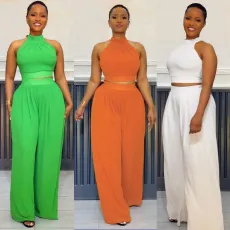 Sexy pleated sleeveless high waisted top wide leg pants two-piece set