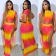 Printed short sleeved gradient contrasting split long skirt two-piece set