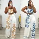 Two piece set of printed suspender high waisted wide leg pants