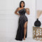 Two tone hot diamond sleeveless diagonal shoulder slit wrapped buttocks elastic dress