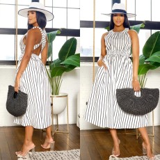 Striped round neck sleeveless backless cross shoulder strap cinched waist large skirt hem dress