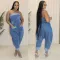Denim workwear with multiple pockets patchwork, washed loose sleeveless jumpsuit