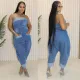 Denim workwear with multiple pockets patchwork, washed loose sleeveless jumpsuit