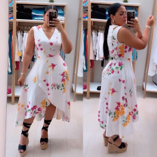 Sexy printed waistband V-neck sleeveless slit summer dress