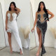 Hot Diamond Pearl Splice Perspective Split Elastic Wrap Hip Fit Sleeveless Dress