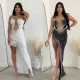 Hot Diamond Pearl Splice Perspective Split Elastic Wrap Hip Fit Sleeveless Dress