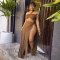 Solid color slanted shoulder short top with large slit long skirt two-piece set
