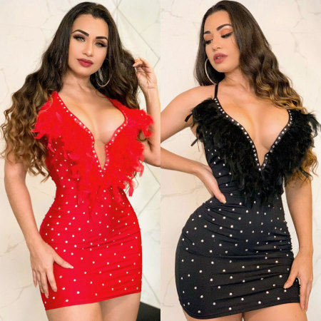 Hot Diamond Feather V-Neck Open Backpack Hip Slim Fit Dress
