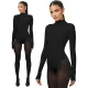 Sexy and fashionable jumpsuit with round neck and off shoulder patchwork, long sleeved solid color slim fit, versatile
