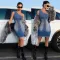 Diagonal shoulder, tight waist, slim fit, elastic washed denim dress, one step skirt