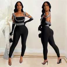 Women's new suspender hot diamond long jumpsuit INCLUDED GLOVES