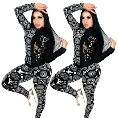 Summer and Autumn Style Commuting Slim Fit Fashion Print Two Piece Set