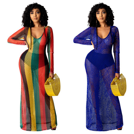 Women's hollowed out perspective mesh hooded striped dress nightclub dress
