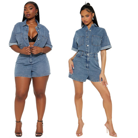 High elastic short sleeved loose washed denim jumpsuit