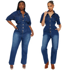 Slim fit elastic short sleeved small toe washed denim jumpsuit