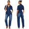 Slim fit elastic short sleeved small toe washed denim jumpsuit