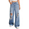 Fashionable and personalized ripped and versatile straight leg wide leg pants