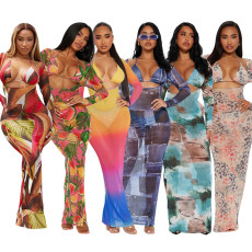 Printed sexy three piece set with lace up underwear, triangle pants, long sleeved dress for women