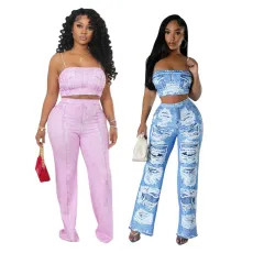 Sexy suspender top, slim fit, micro flared pants, fashionable printed two-piece set without pockets