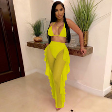 Solid color perspective mesh suspender and pants set of two, including underwear