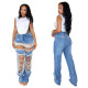 Fashionable distressed pearl chain decorated jeans