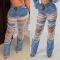 Fashionable distressed pearl chain decorated jeans