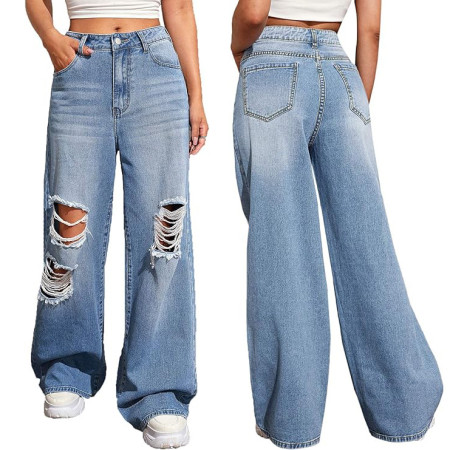 Fashionable and personalized ripped and versatile straight leg wide leg pants