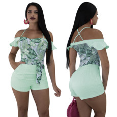Hanging strap one line collar with ruffle edge stripe print sexy jumpsuit nightclub