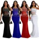 Solid color straight tribute fabric patchwork polyester mesh hot diamond evening dress with suspender, buttocks wrapped dress for women