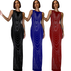 Fashionable round neck hot diamond sleeveless buttocks wrapped dress for women's sexy party evening dress long skirt