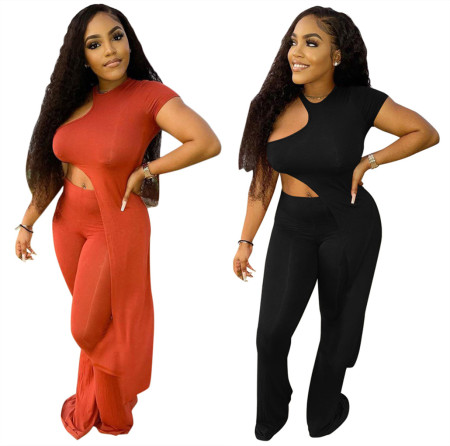 Fashionable and sexy asymmetrical solid color two-piece set