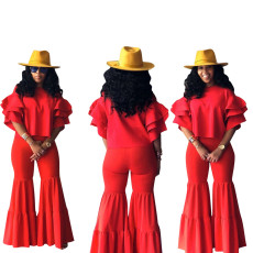 Solid color three layer lotus leaf sleeve wide leg pants two-piece set