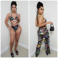 Fashionable and sexy digital printed swimsuit mesh three piece set