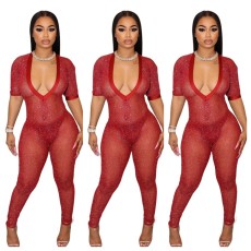 Fashionable and sexy semi transparent large V-neck jumpsuit