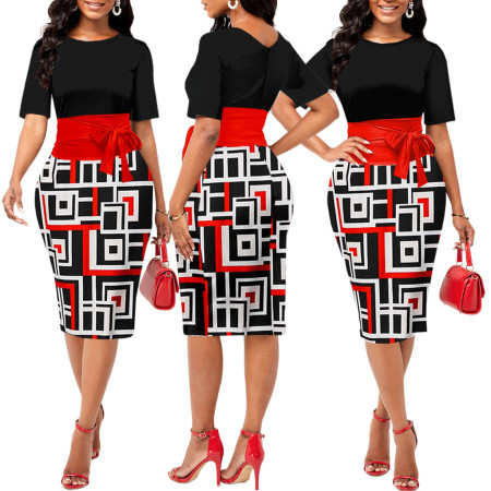 Fashionable digital printed round neck short sleeved women's dress