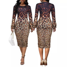Fashionable leopard print long sleeved women's dress