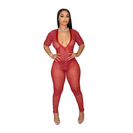 Fashionable and sexy semi transparent large V-neck jumpsuit