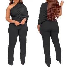 Solid color irregular shoulder single sleeve pleated jumpsuit